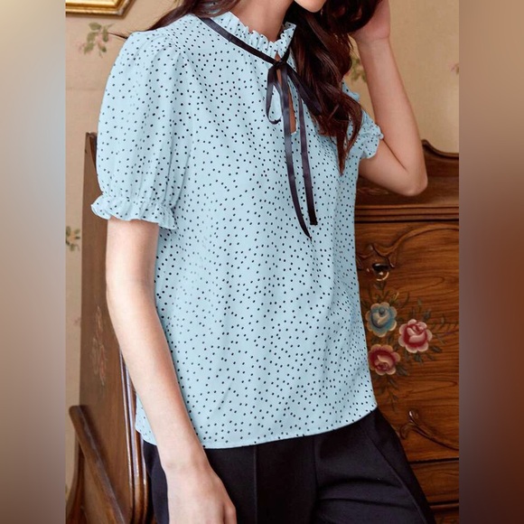 Polka Dot Print Tie Neck Puff Sleeve Ruffle Blouse - Light Blue - Picture 4 of 9